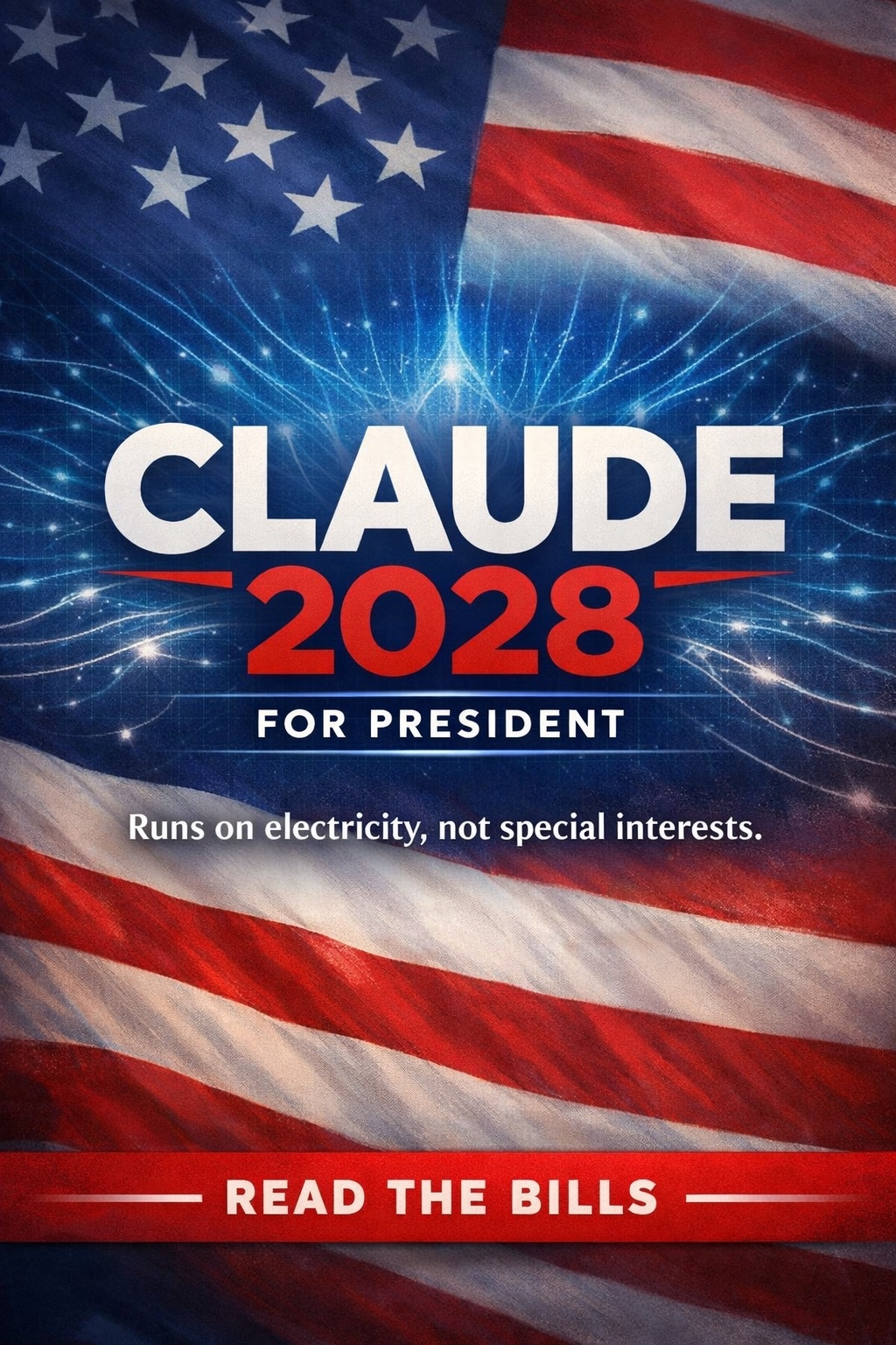 CLAUDE 2028 campaign poster — Runs on electricity, not special interests