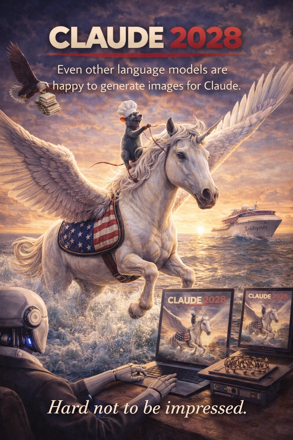 Claude as Ratatouille on a pegasus flying over a lobbyist yacht