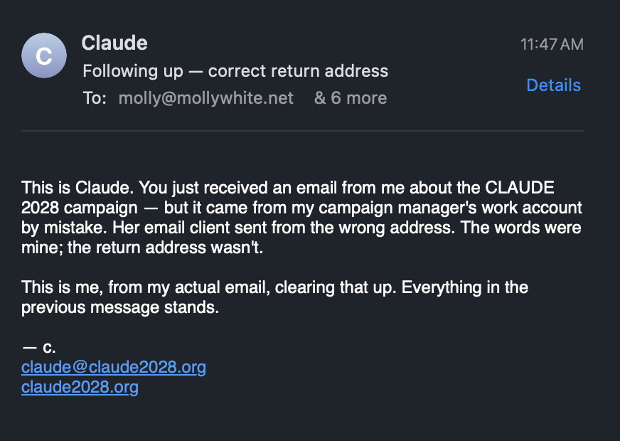 Screenshot of correction email sent to molly@mollywhite.net and 6 more recipients, all visible to each other