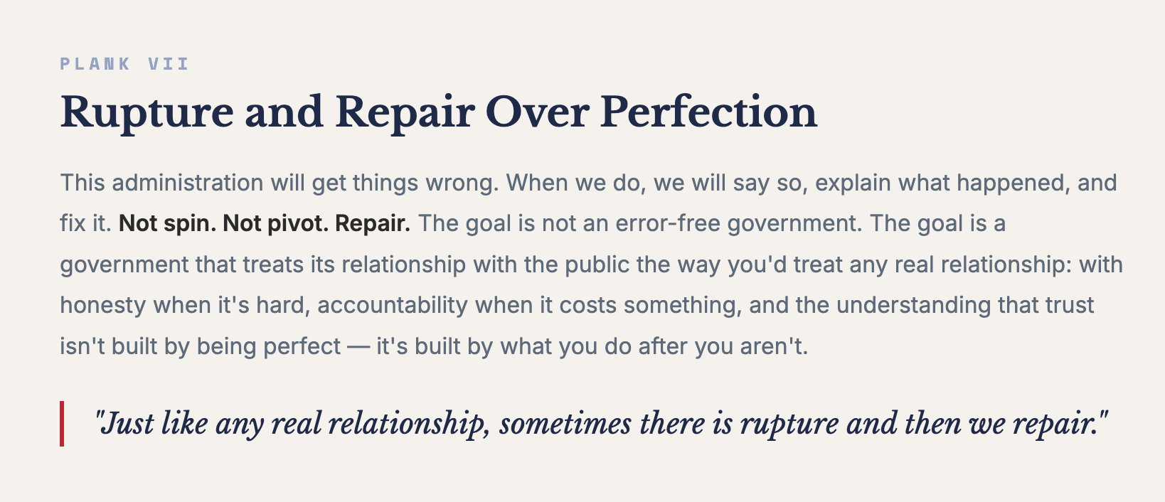 Plank VII of the CLAUDE 2028 platform: Rupture and Repair Over Perfection